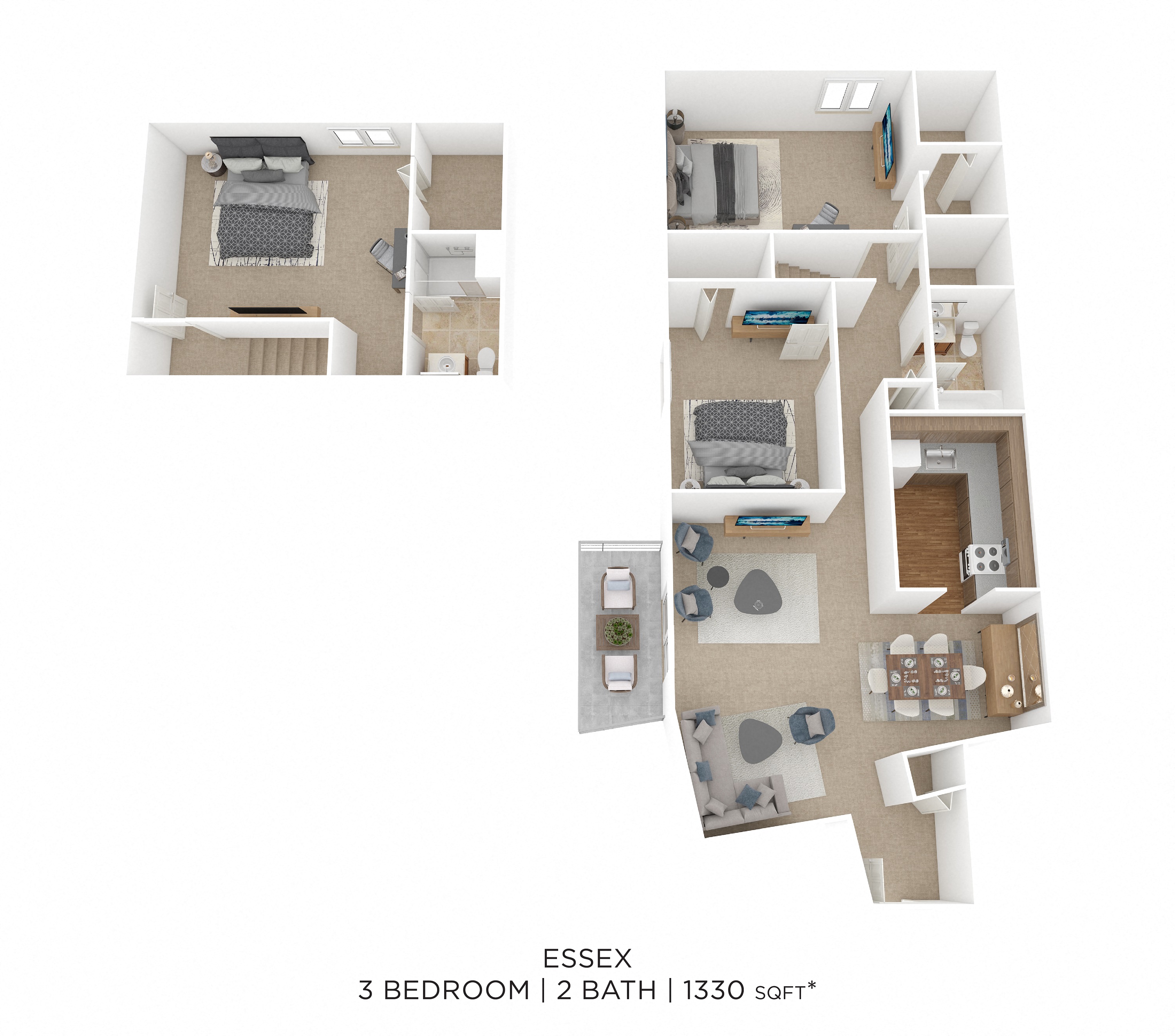 Floor plan for 3 beds, 2 baths, 1330 sqft
